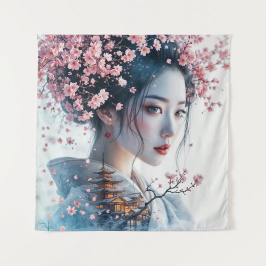 Geisha portrait, cherry blossoms, Japanese art, Wandteppich (Vorderseite)