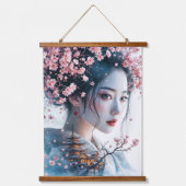 Geisha portrait, cherry blossoms, Japanese art, Wandteppich Mit Holzrahmen (Vorderseite)