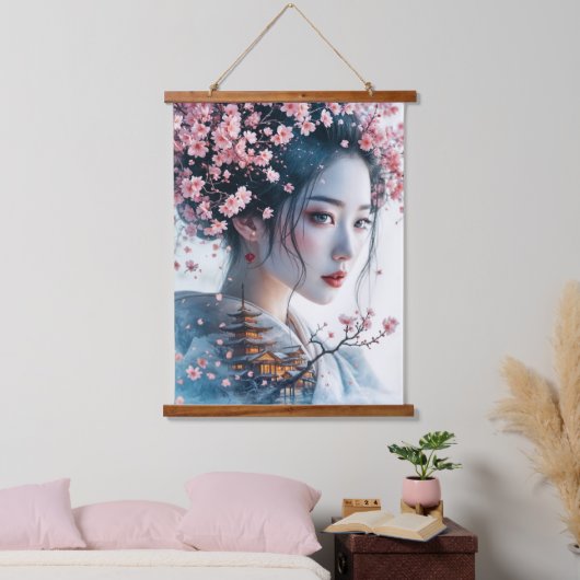 Geisha portrait, cherry blossoms, Japanese art, Wandteppich Mit Holzrahmen (Schlafzimmer)
