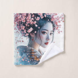  Geisha portrait, cherry blossoms, Japanese art, Waschlappen