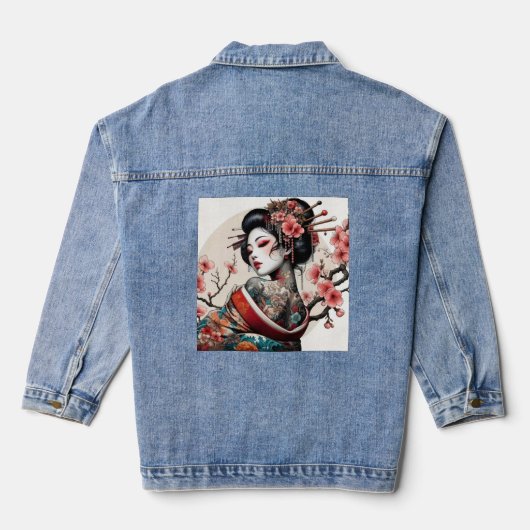 Geisha Portrait Denim Jacket | Floral Back Art Jeansjacke (Rückseite)