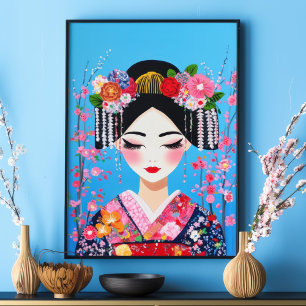 Geisha-Porträt Kirschblüten Japanische Wandkunst Poster