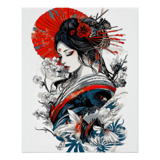 Geisha Poster, Vintage Poster mit kühlen Farben