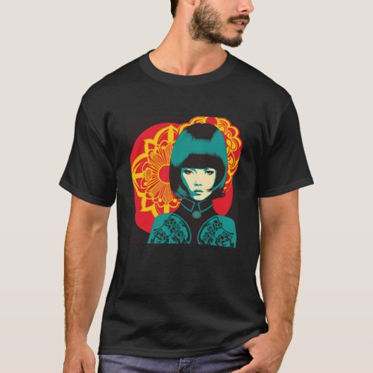 Geisha Retro Female Kimono Samurai Japanischer Vin T-Shirt (Vorderseite)