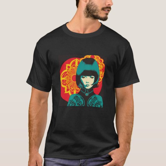 Geisha Retro Female Kimono Samurai Japanischer Vin T-Shirt (Vorderseite)