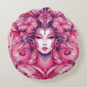 Geisha-rosa-Blume mit orientalischer abstrakter Sy Rundes Kissen