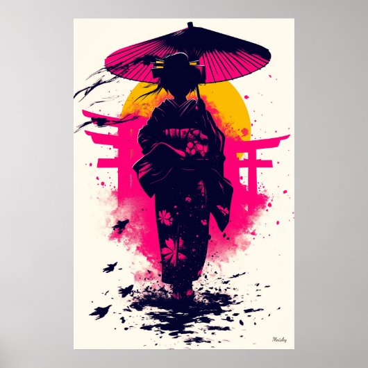 Geisha Silhouette bei Sunset - Traditionelle Elega Poster (Vorne)