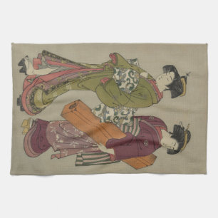 Geisha und Bediensteter, die ihr Koto-Geschirrtuch Küchentuch