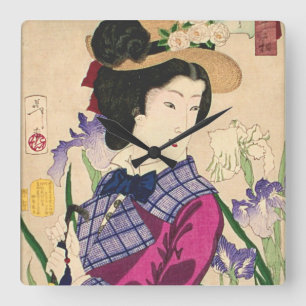 Geisha und Iris-Japaner Woodblock Kunst Ukiyo-e Quadratische Wanduhr