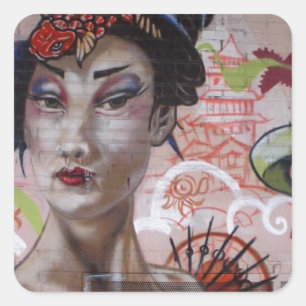 Geisha Urban Graffiti Street Art Quadratischer Aufkleber