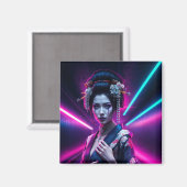 Geisha with Neon Background - Fridge Magnet Art (Vorderseite/Rückseite)