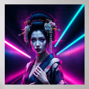 Geisha with Neon Background - Fridge Magnet Art Poster