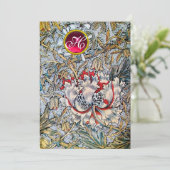 GEISSBLATT Rote Ruby-Monogramm Champagner-Metallis Einladung (Stehend Vorderseite)