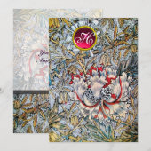 GEISSBLATT Rote Ruby-Monogramm Champagner-Metallis Einladung (Vorne/Hinten)