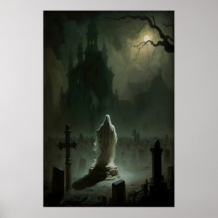 Geist auf dem Friedhof im Mondlicht, Vintage Poster