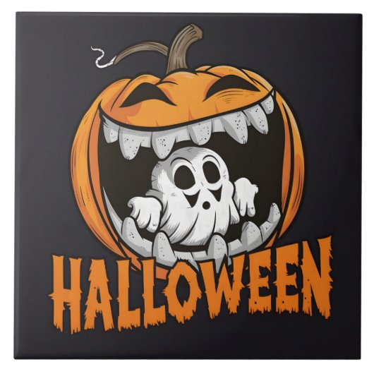 Geist, der aus einem riesigen Halloween-Kürbis her Fliese (Vorderseite)