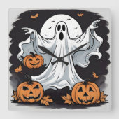 Geist, der Kürbis zu Halloween jagt Quadratische Wanduhr (Vorderseite)