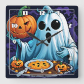 Geist feiert Halloween mit Kürbissen Quadratische Wanduhr (Vorderseite)