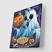 Geist feiert Halloween mit Kürbissen Quadratische Wanduhr (Winkel)