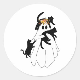 Geist hält eine schwarze Katze Lazy Halloween-Lieb Runder Aufkleber