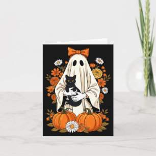 Geist hält schwarze Katzen-Kürbis-Blumen-Halloween Karte