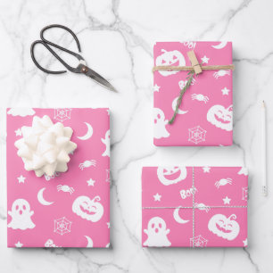 Geist-Kürbis-Spinne-Mond-Rosa-Halloween-Muster Geschenkpapier Set