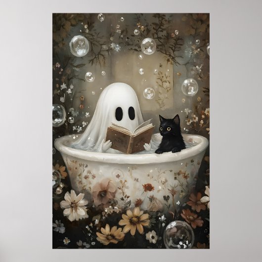 Geist lese Buch und schwarze Katze nimmt ein Bad Poster (Vorne)
