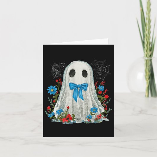 Geist mit blauem Bow-Coquette und Blume Halloween Karte (Vorderseite)
