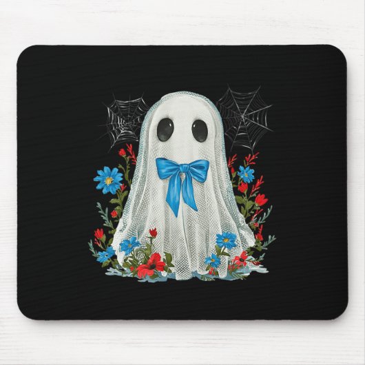 Geist mit blauem Bow-Coquette und Blume Halloween Mousepad (Vorne)