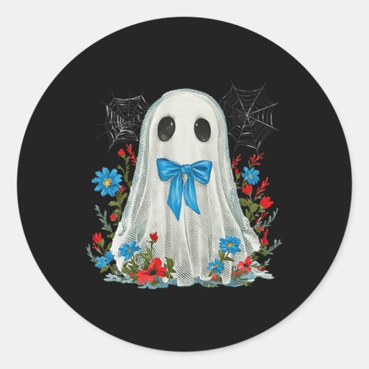 Geist mit blauem Bow-Coquette und Blume Halloween Runder Aufkleber (Vorderseite)