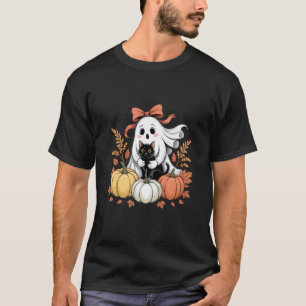 Geist mit Schleife hält schwarze Katzen-Kürbisse H T-Shirt