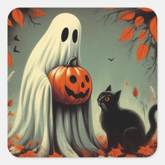Geist mit schwarzem Kat Retro Halloween Quadratischer Aufkleber (Vorderseite)