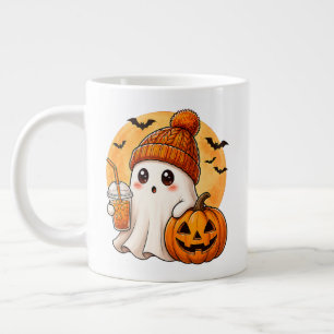 Geist trinkt Eiskaffee mit Halloween-Kürbis Jumbo-Tasse