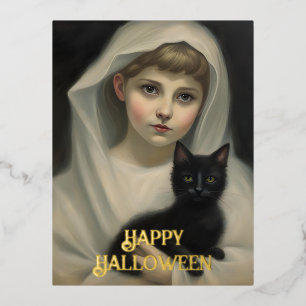 Geist und eine schwarze Halloween-Katze Folien Feiertagspostkarte