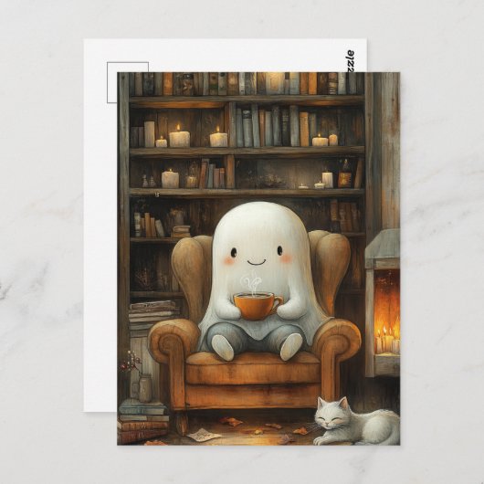 Geist und Katze in der Bibliothek mit einem Kaffee Postkarte (Vorne/Hinten)