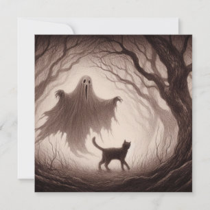 Geist und Katze in einem Spooky-Horror-Wald Zeichn Karte