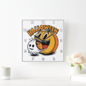 Geist und Kürbis feiern Halloween! Quadratische Wanduhr (Zuhause)