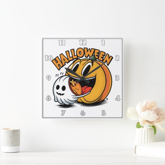 Geist und Kürbis feiern Halloween! Quadratische Wanduhr (Zuhause)