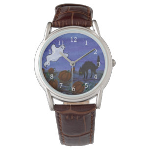 Geist und Schwarze Katze im KürbispatchHalloween Armbanduhr