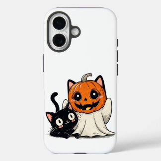 Geist und schwarze Katze mit Halloween-Masken iPhone 16 Hülle