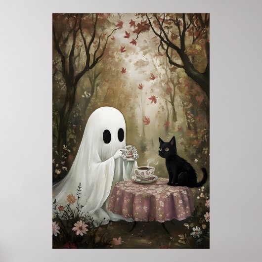 Geist und schwarze Katze trinken Tee im Herbst Poster (Vorne)