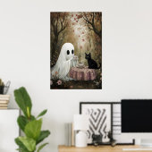 Geist und schwarze Katze trinken Tee im Herbst Poster (Heimbüro)