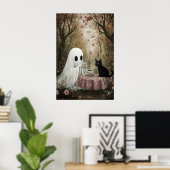 Geist und schwarze Katze trinken Tee im Herbst Poster (Heimbüro)