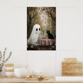 Geist und schwarze Katze trinken Tee im Herbst Poster (Küche)