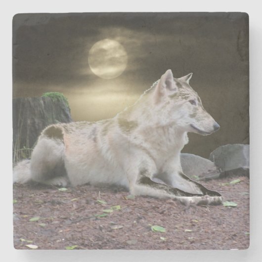 Geist-Wolf im Mondschein Steinuntersetzer (Vorderseite)