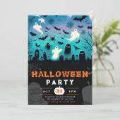 Geister Friedhof Fledermäuse Spinnennetze, gruseli Einladung (Stehend Vorderseite)