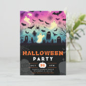 Geister Friedhof Fledermäuse Spinnennetze, gruseli Einladung (Stehend Vorderseite)