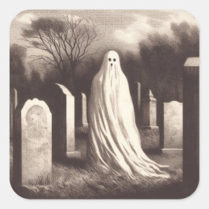 Geister-im-Friedhof-Vintage-Illustrations-Aufklebe Quadratischer Aufkleber