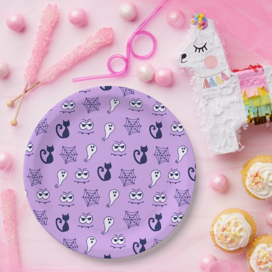 Geister, Spinnennetze und Lila Schwarzkatzen Pappteller (Party)