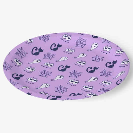 Geister, Spinnennetze und Lila Schwarzkatzen Pappteller (Schrägansicht)
